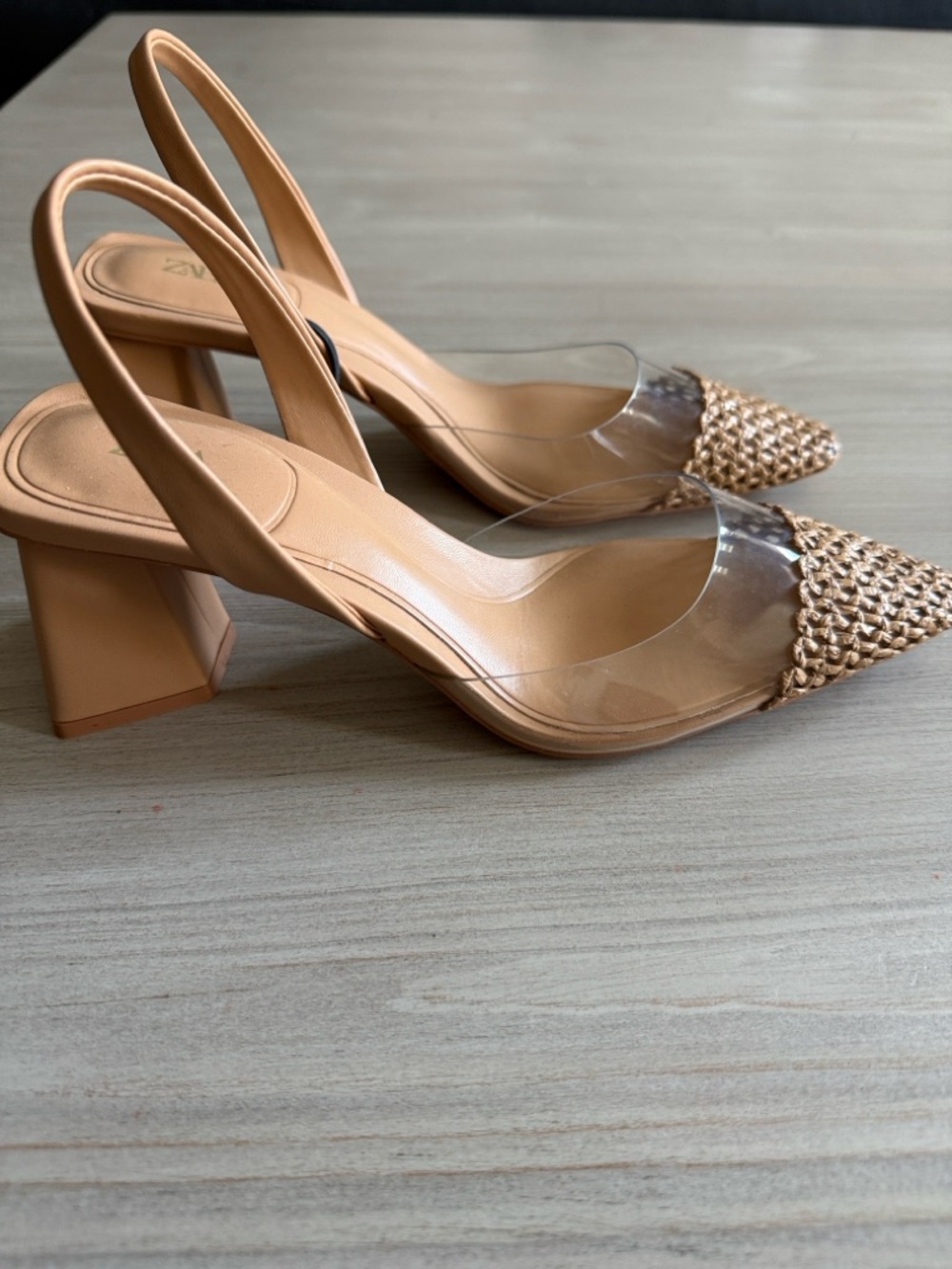 Zara Woven Pointed Toe Slingback Heels in Tan - Picture 2 of 3